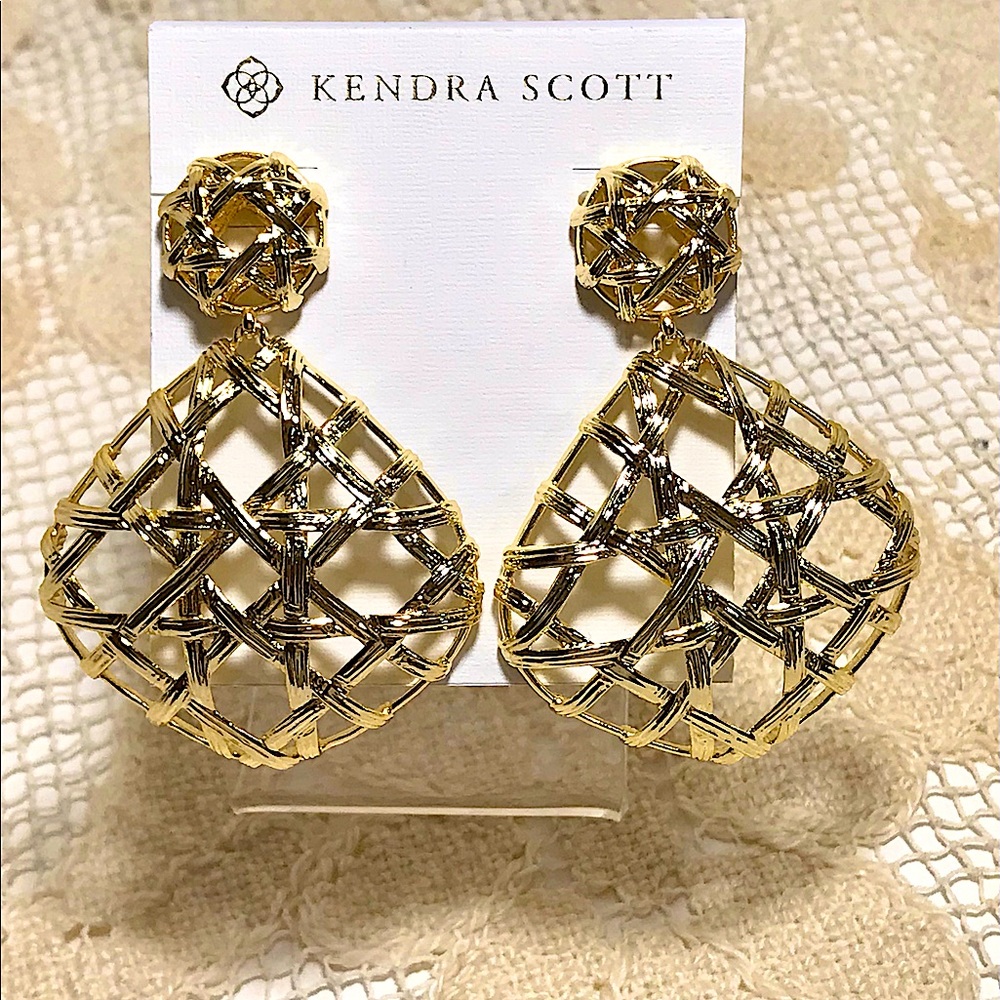 Kendra Scott Gld Natalie Earrings Woven Rattan NIB